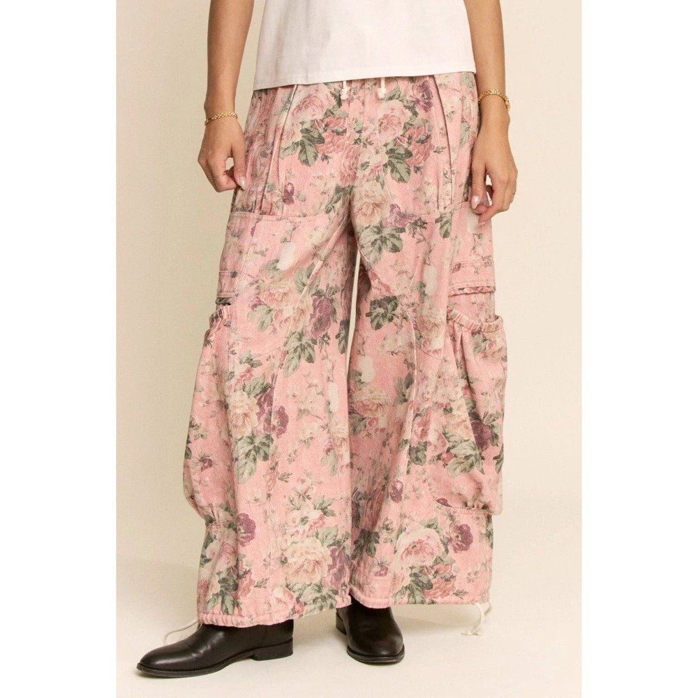 NEW Davi & Dani Pink Denim Floral Big Pocket Cargo Barrel Pants SM fairy Grunge